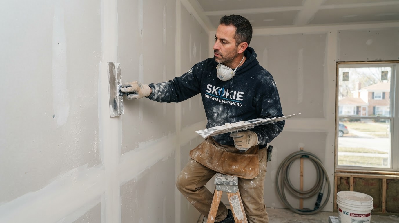 Drywall finishing contractor applying joint compound in Skokie Illinois