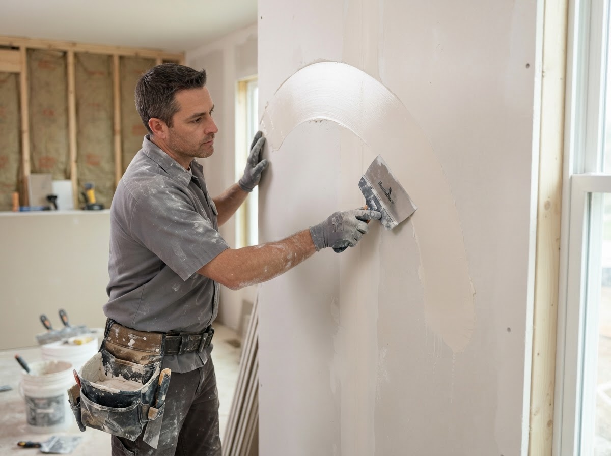 Drywall mud feathered across a wall joint for a smoother finish
