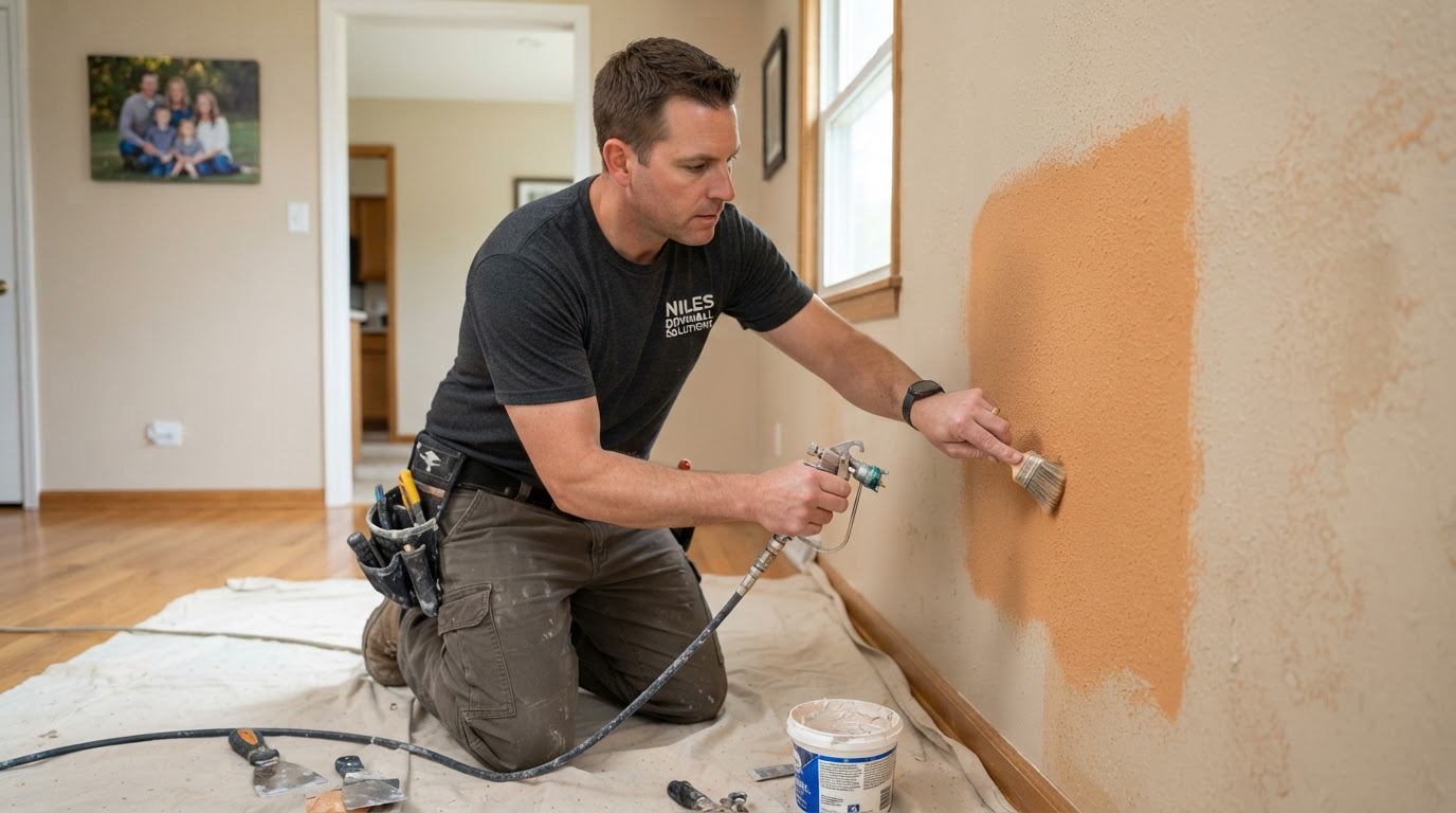Drywall texture matching contractor working on a repaired wall in Niles Illinois