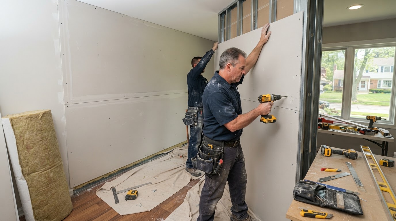 Sound-reduction drywall installation in a Glenview Illinois home