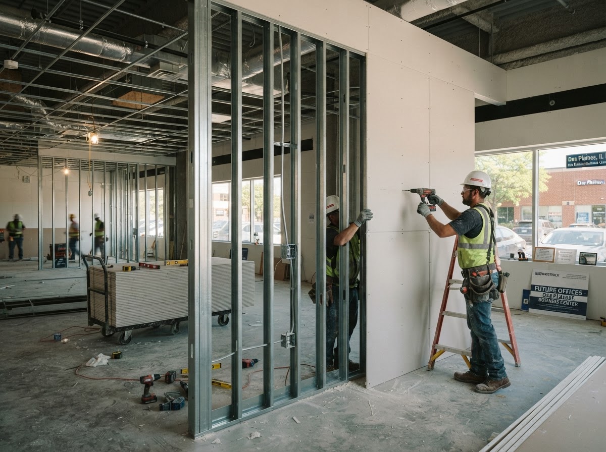 Commercial drywall installation in a Des Plaines business interior