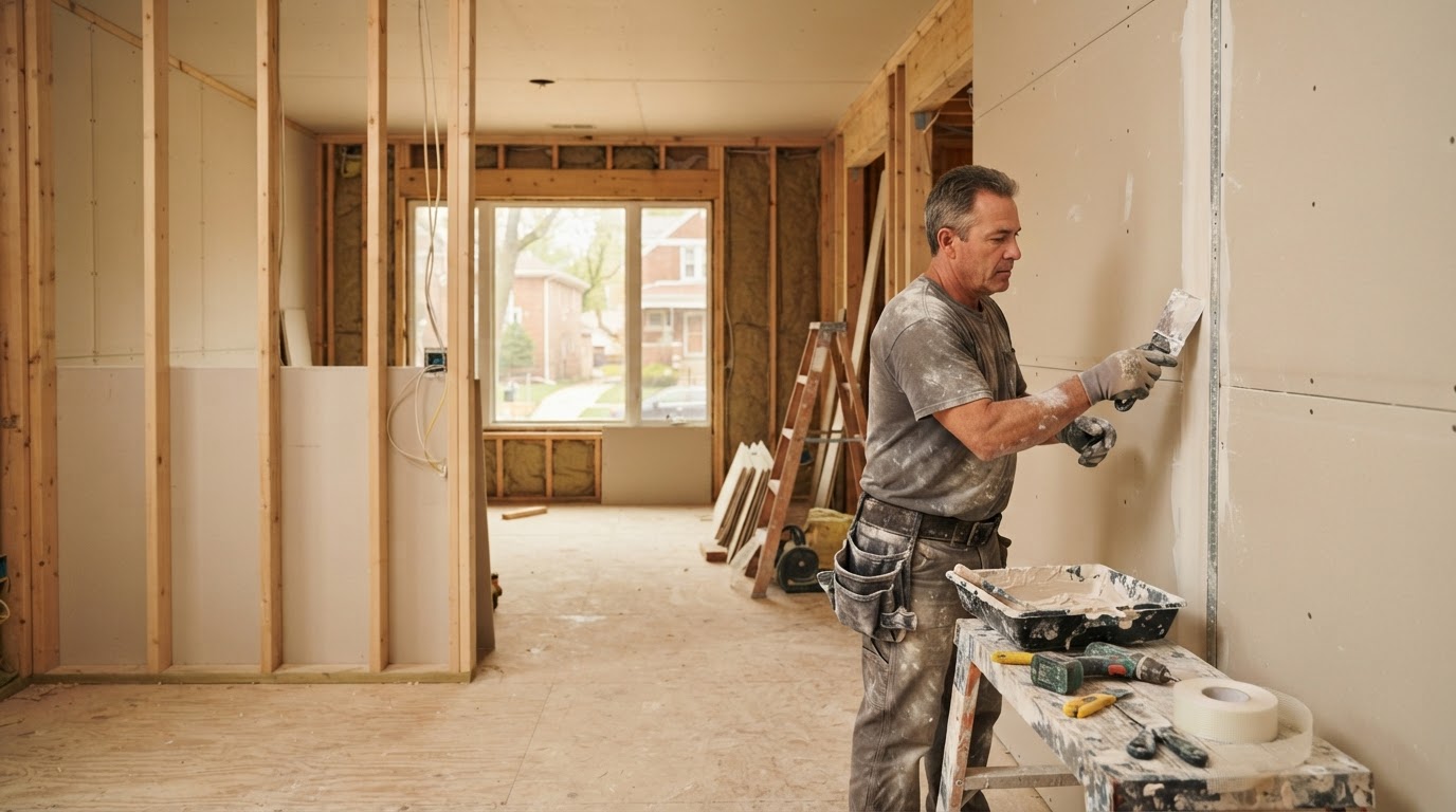 Drywall contractor working on an interior wall in a Niles Illinois home