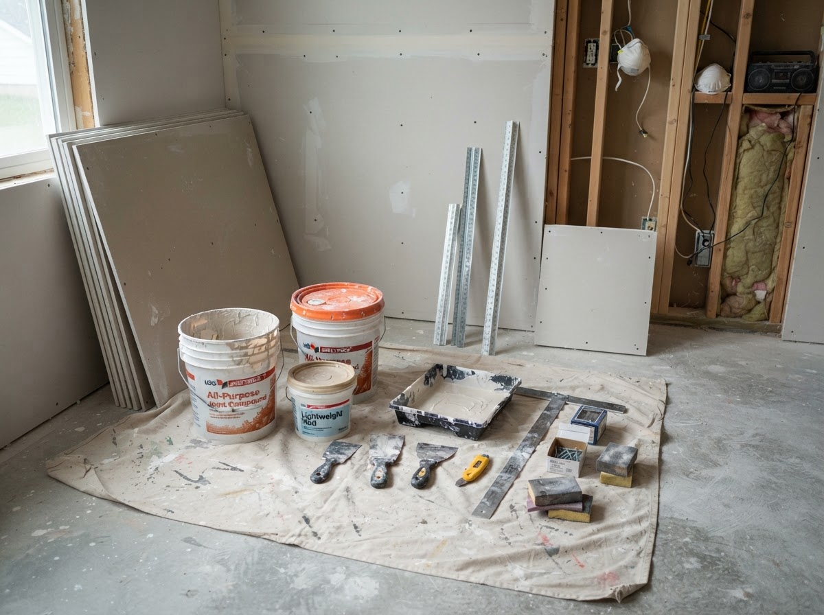 Gypsum board joint compound and finishing tools used for drywall projects