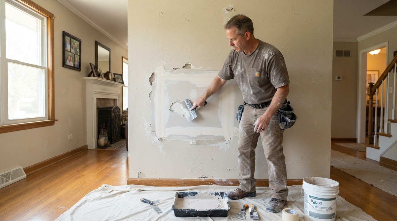 Drywall repair contractor working in a Glenview Illinois home
