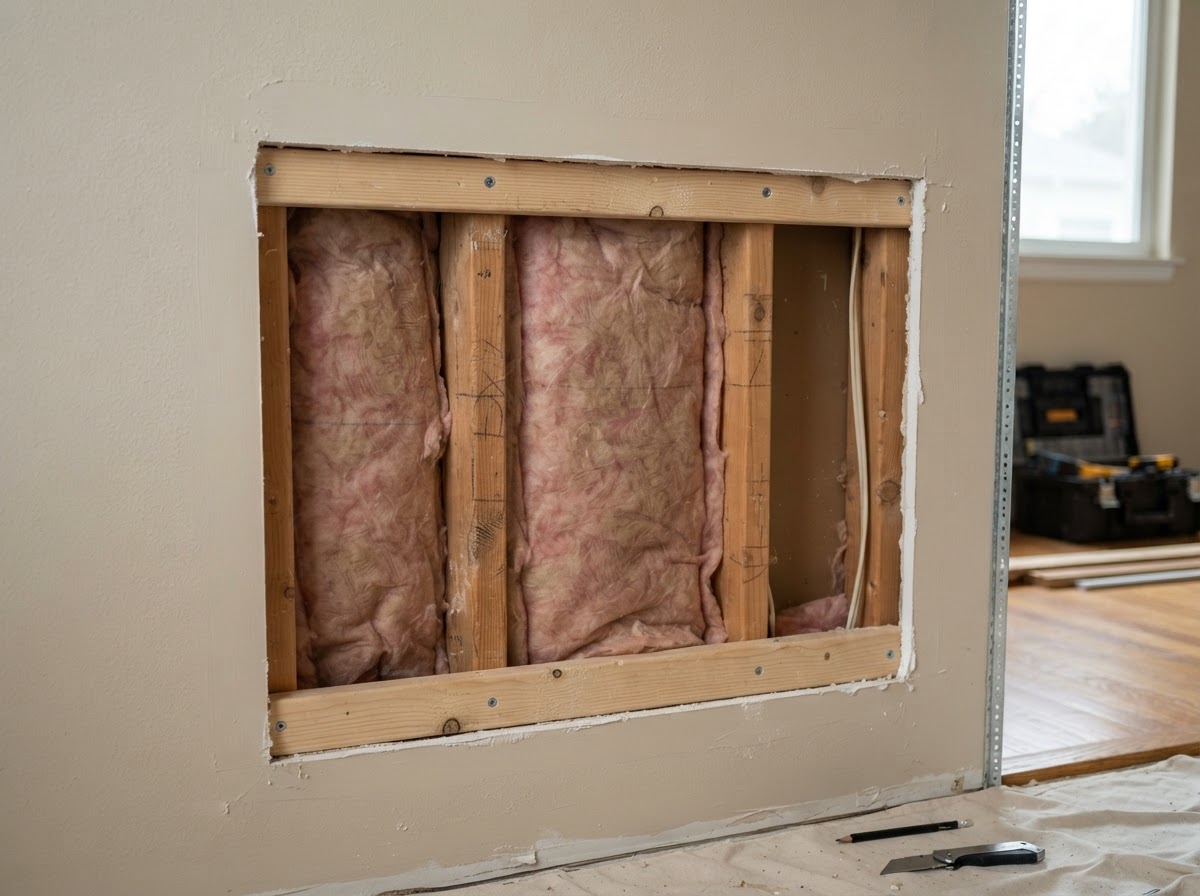 Damaged drywall removed before installing a replacement panel