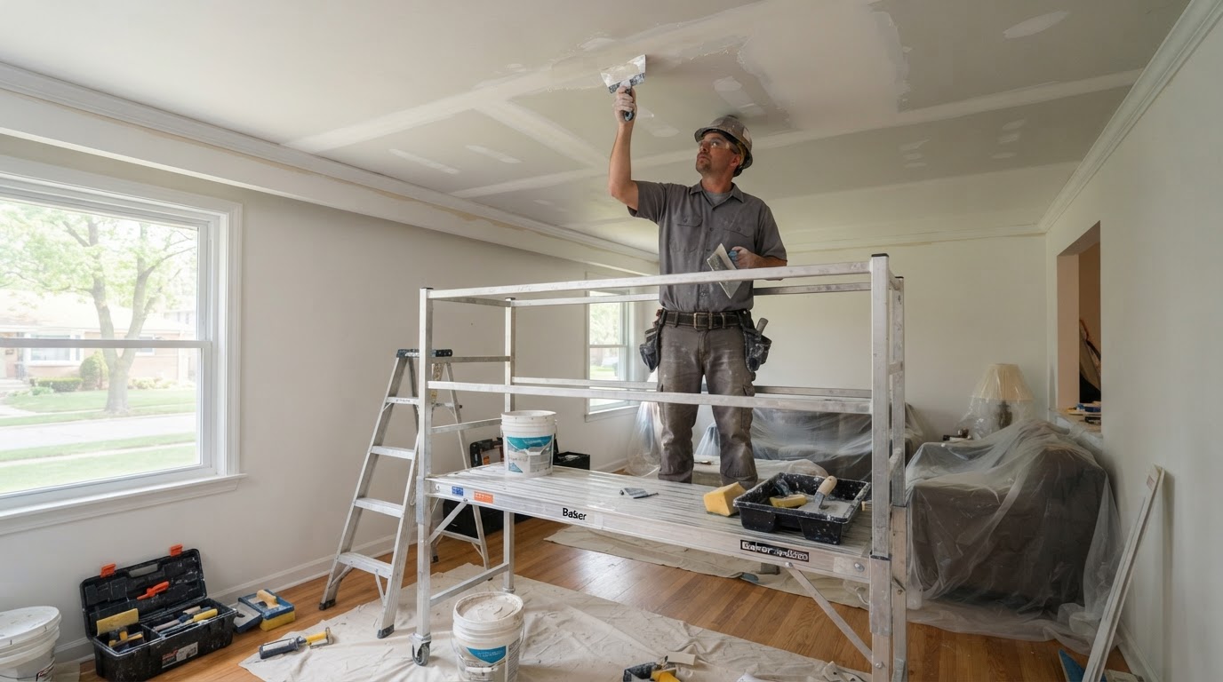 Ceiling drywall repair contractor working in a Niles Illinois home
