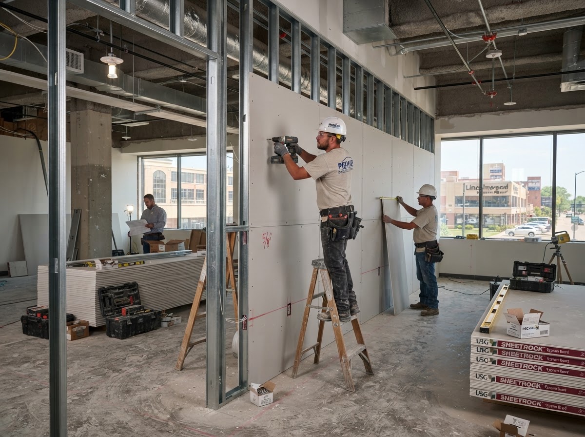 Commercial drywall installation in a Lincolnwood business interior