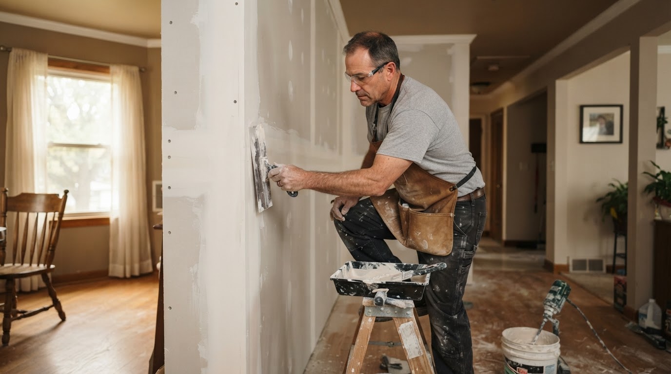 Drywall contractor working in a Morton Grove Illinois home