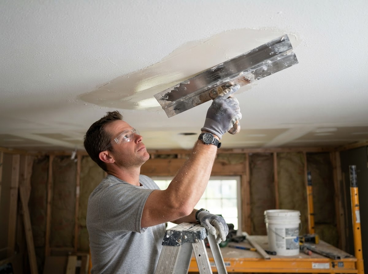 Joint compound feathered across a repaired drywall ceiling