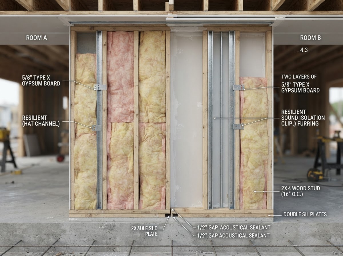 Drywall wall assembly designed to reduce sound transfer