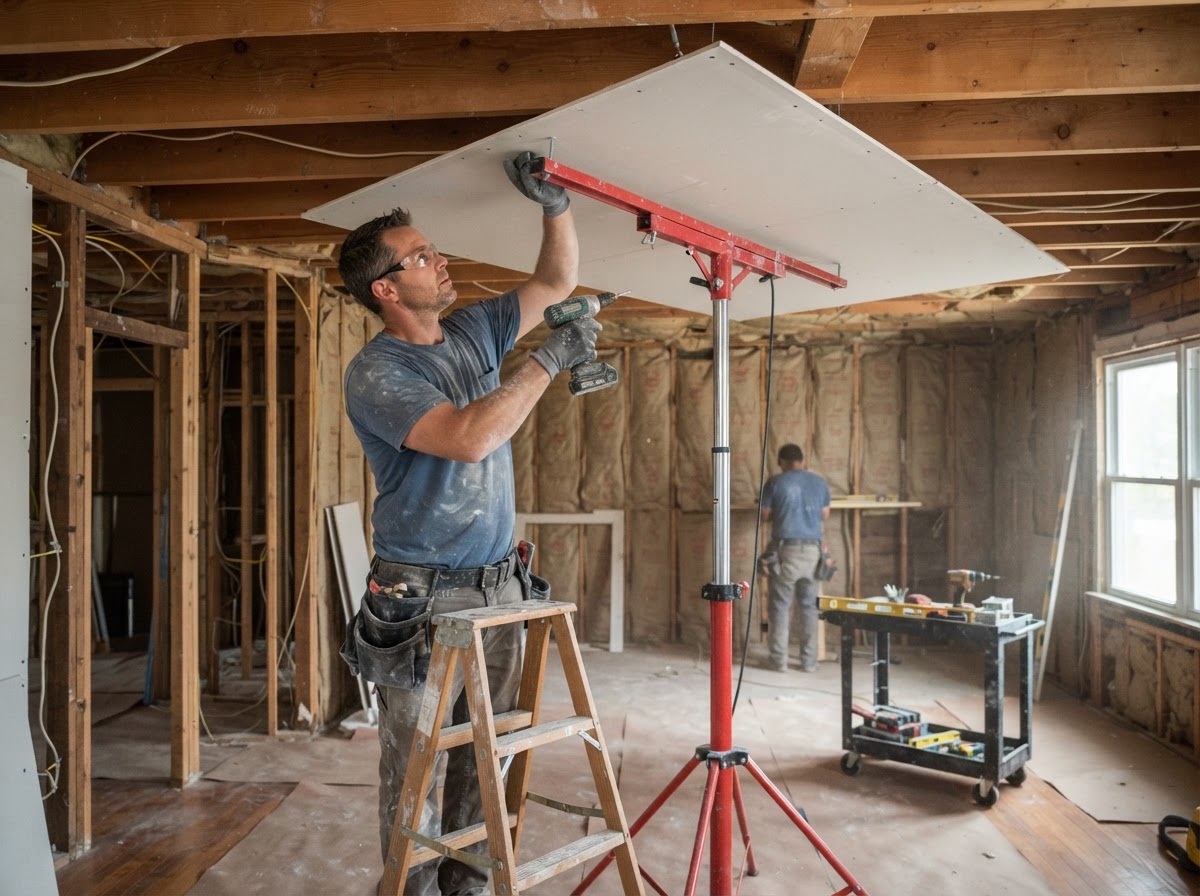 Ceiling drywall installation during a Niles remodeling project