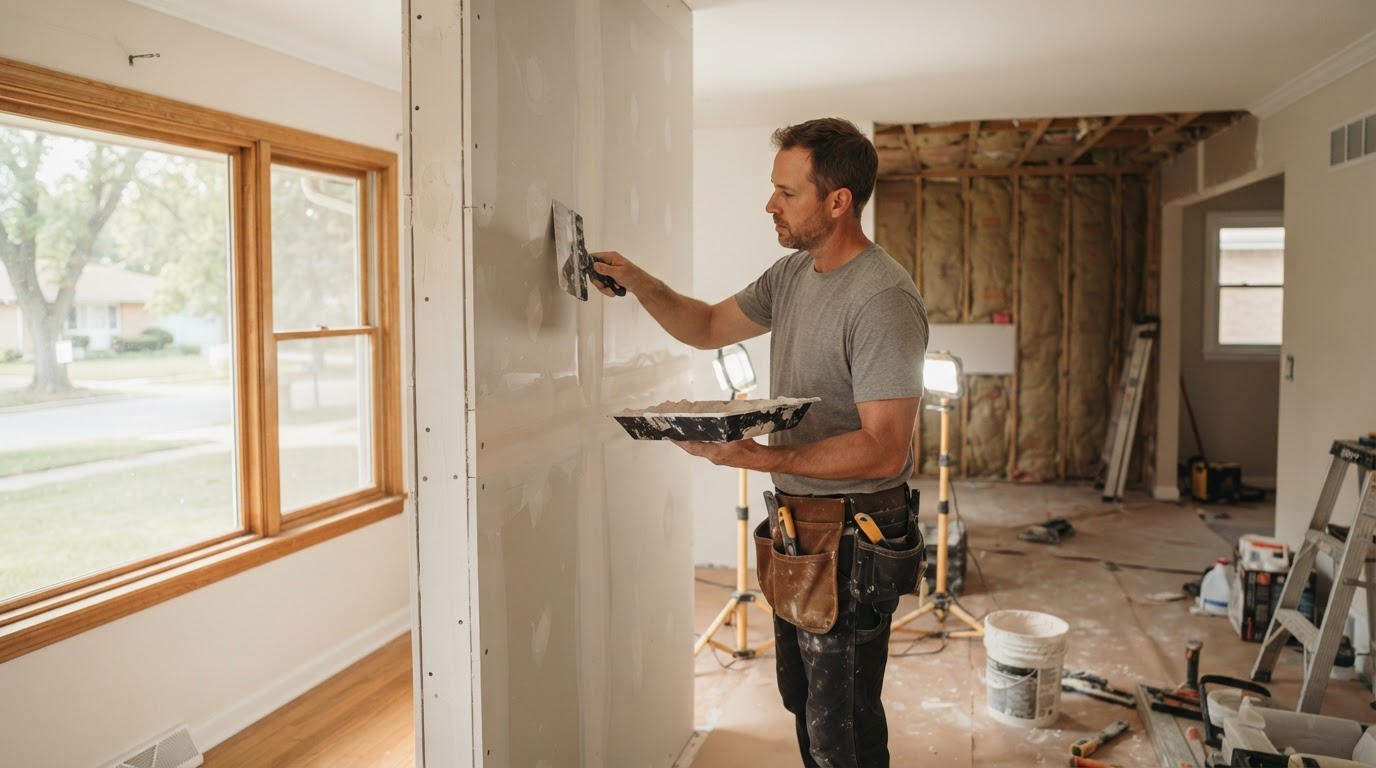 Drywall contractor working in a Lincolnwood Illinois home