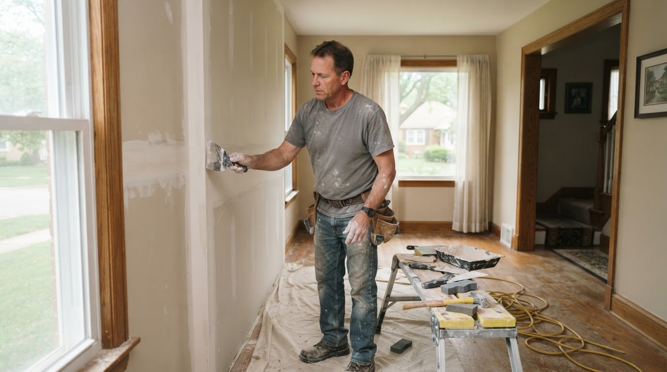 Drywall contractor working in a Glenview Illinois home