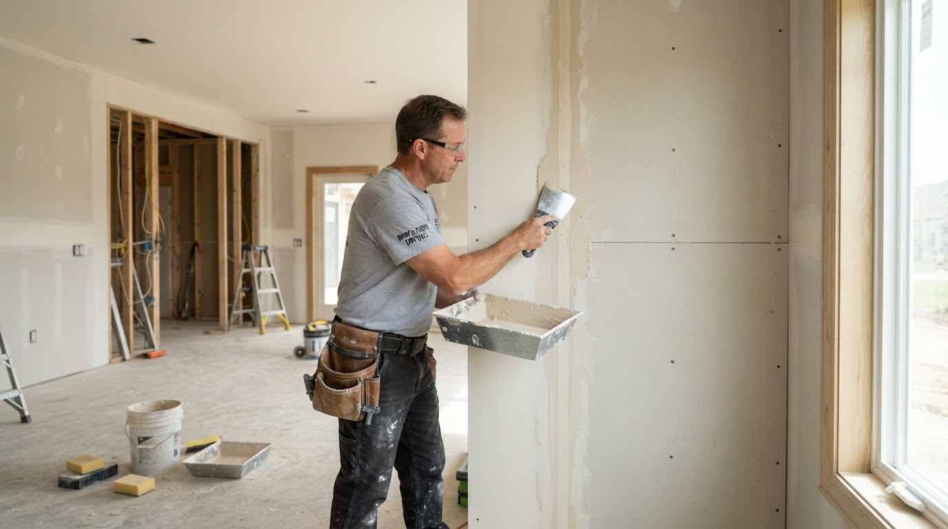 Drywall finishing contractor applying joint compound in Glenview Illinois