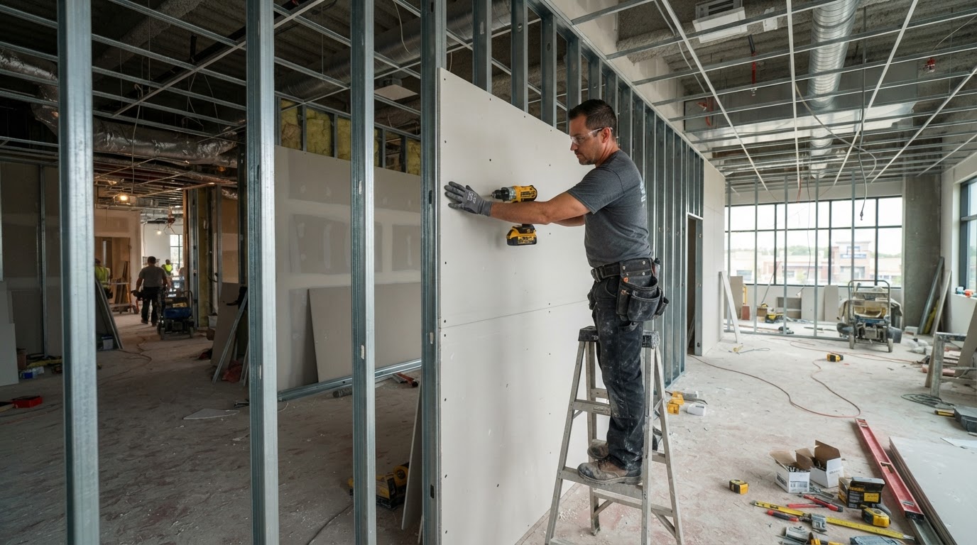 Commercial drywall contractor working in a Niles business interior