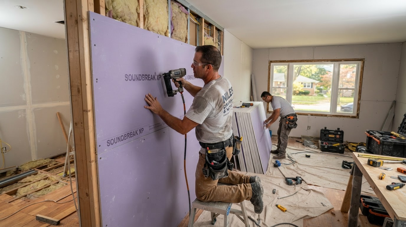 Sound-reduction drywall installation in a Niles Illinois home