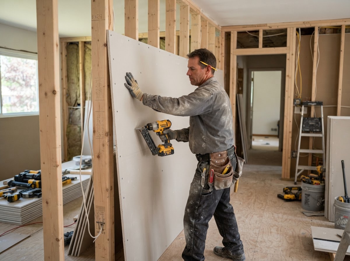 Drywall installation for a Glenview remodeling project