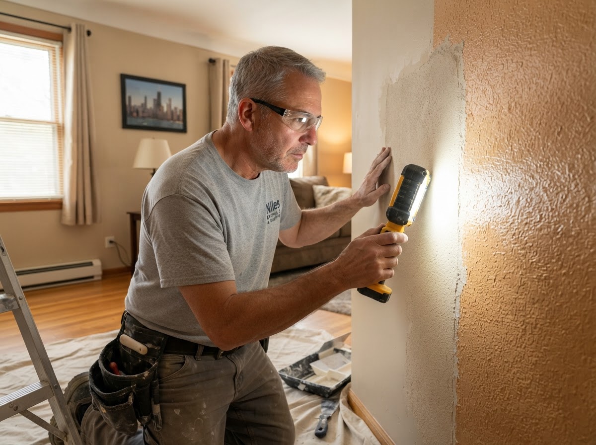 Drywall texture blending checked after a wall repair in Niles