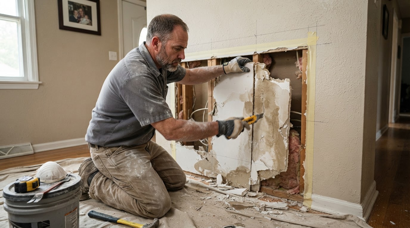 Drywall replacement contractor working on a damaged wall in Niles Illinois