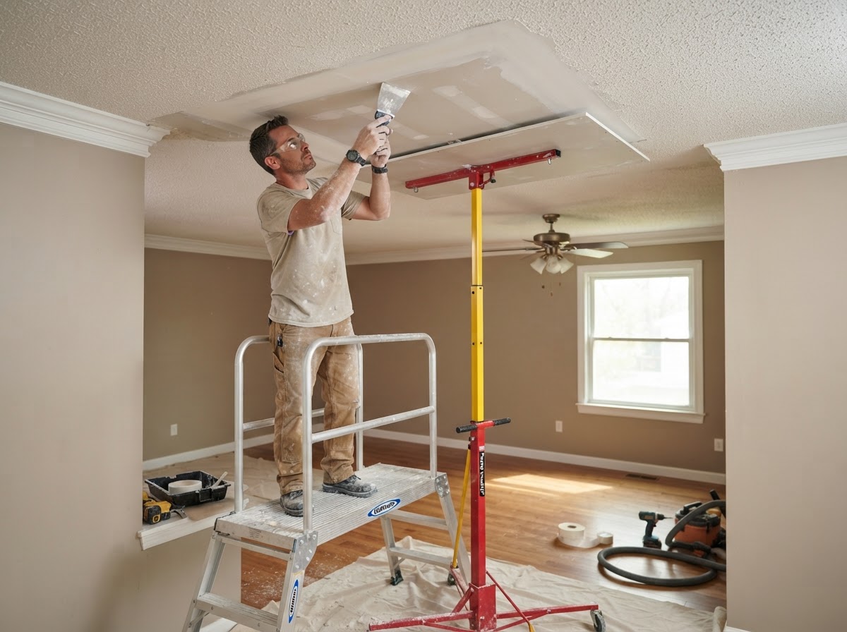 Ceiling drywall repair work in a Niles home