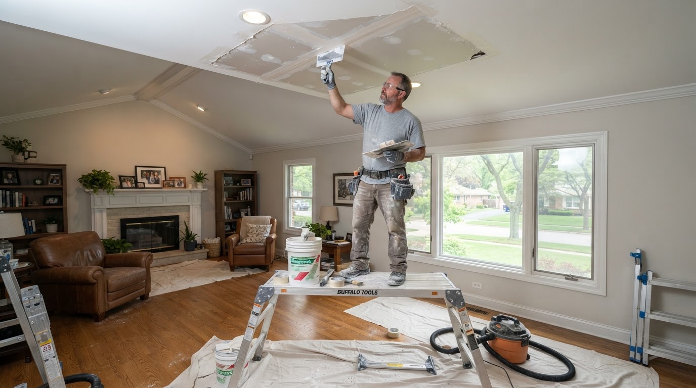 Ceiling drywall repair contractor working in Glenview Illinois