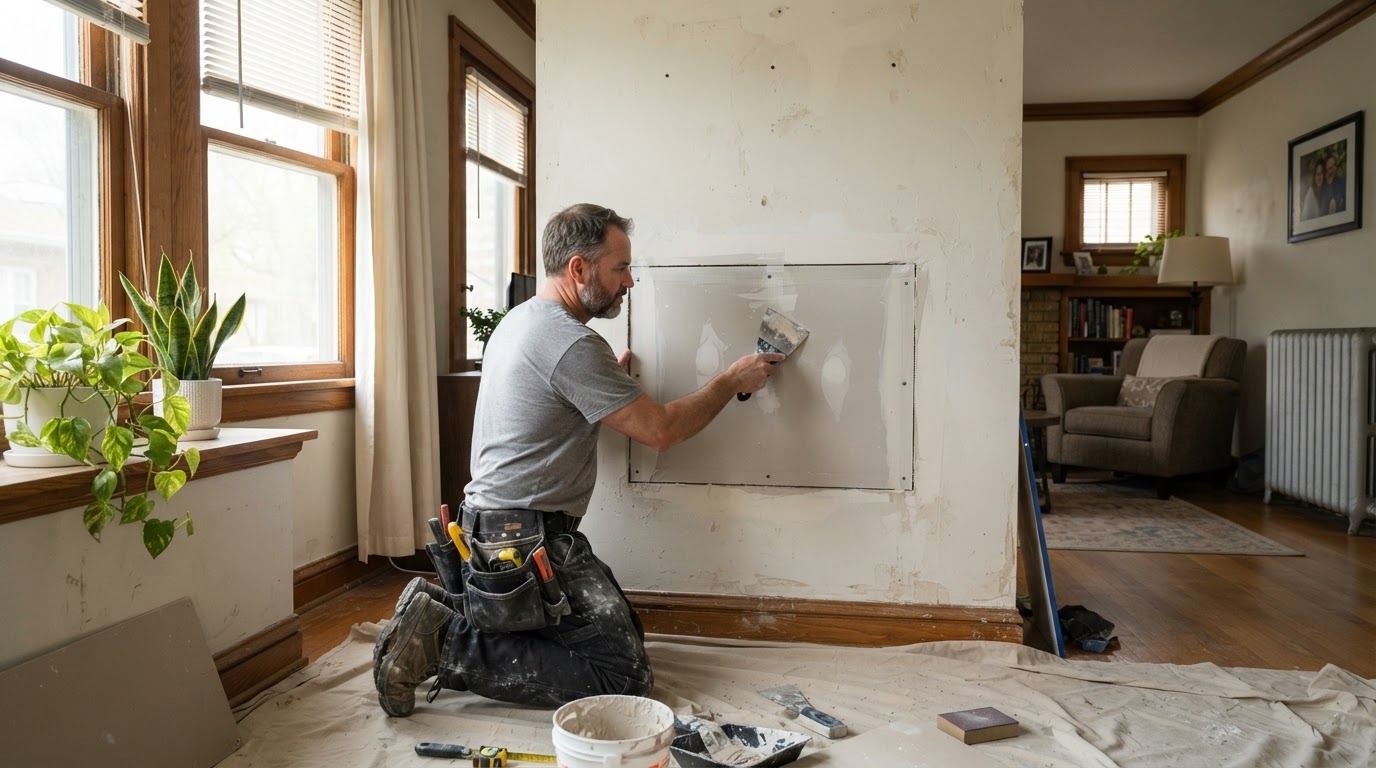Drywall repair contractor fixing a wall in Skokie Illinois