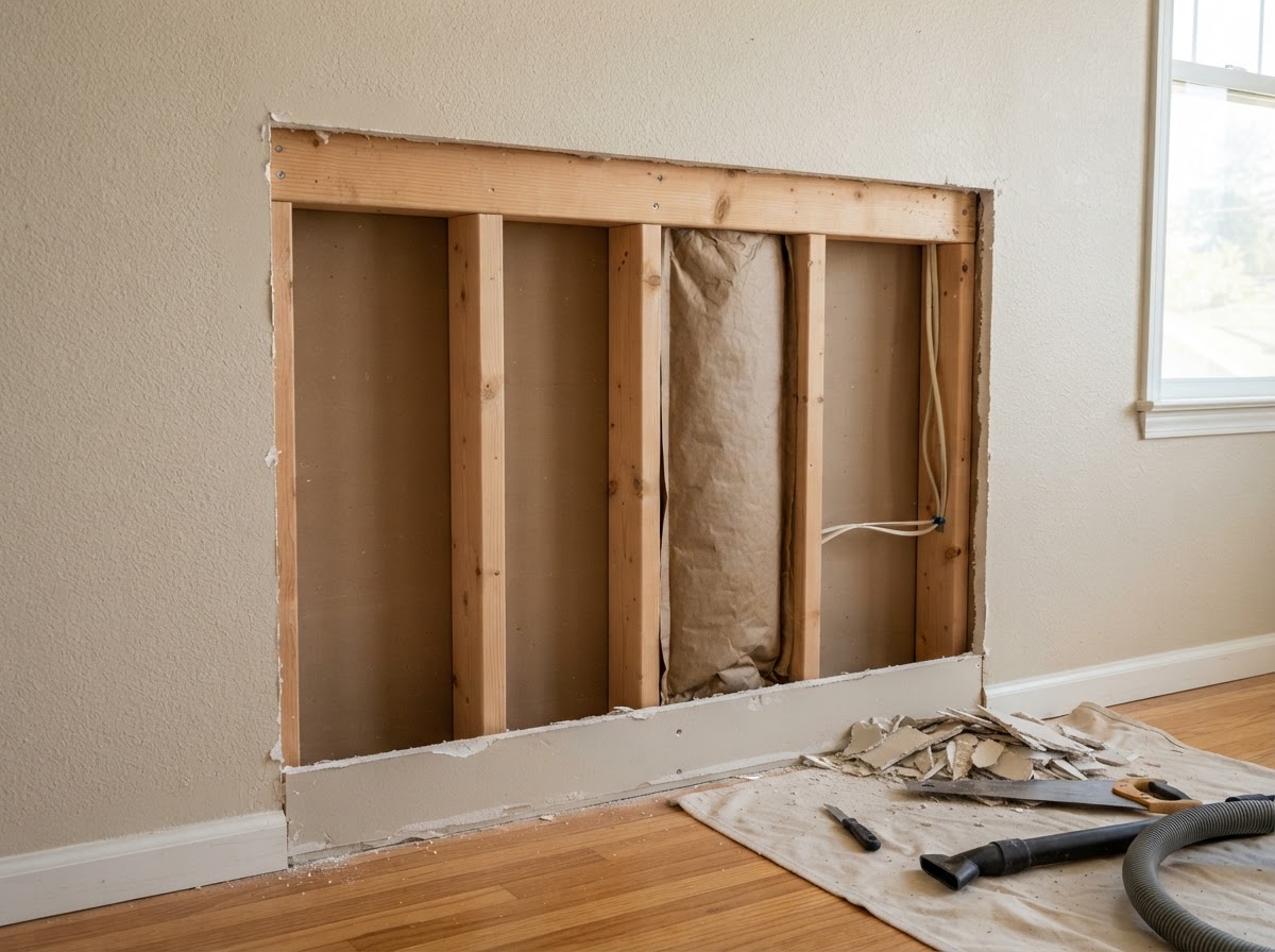 Water-damaged drywall removed to a sound repair boundary