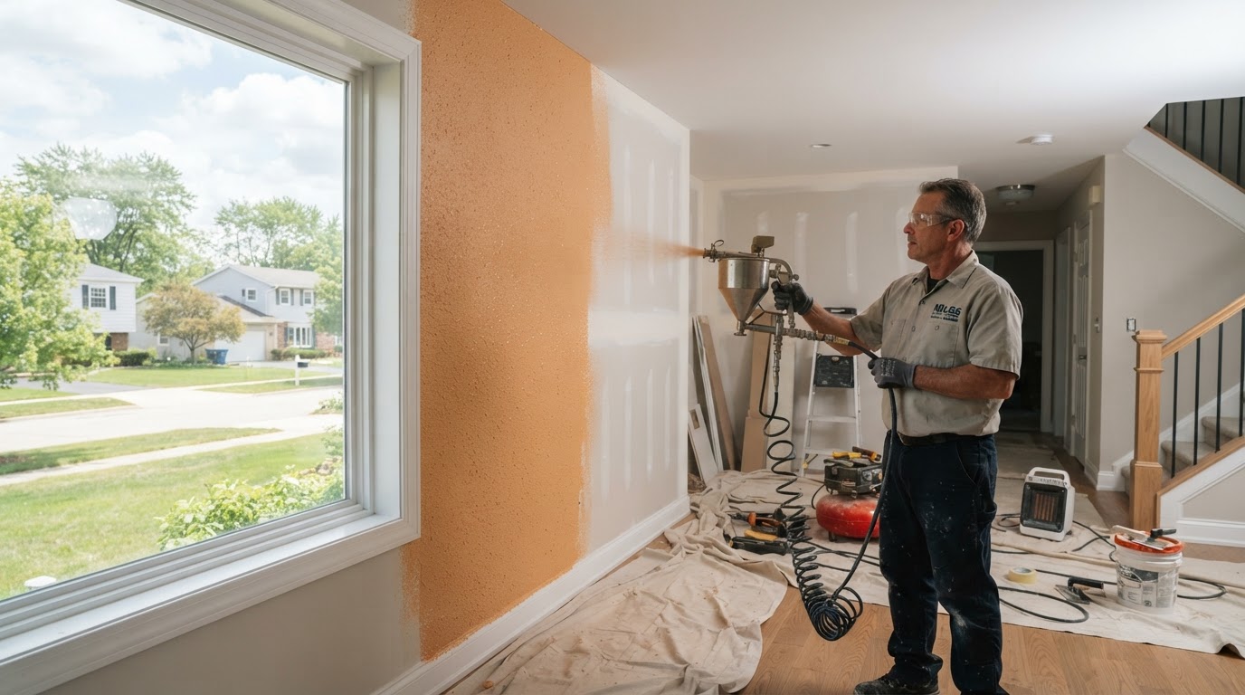 Drywall texturing contractor applying wall texture in Niles Illinois