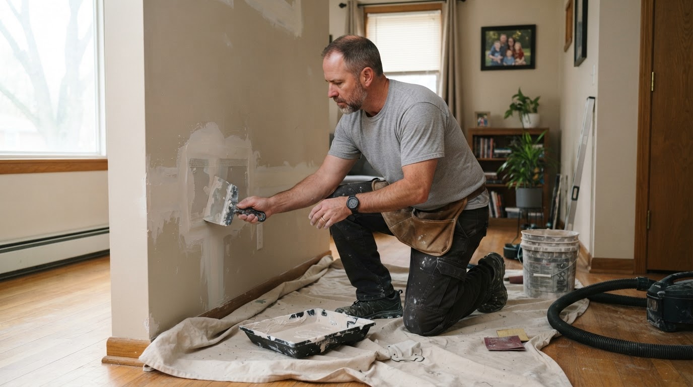Drywall repair contractor fixing an interior wall in Niles Illinois