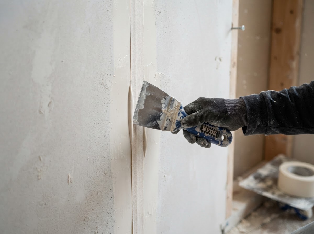 Joint tape and compound applied during drywall repair in Niles IL