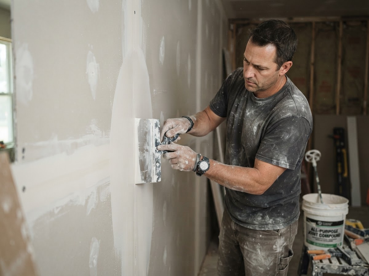 Feathered drywall joint compound for a smooth wall finish