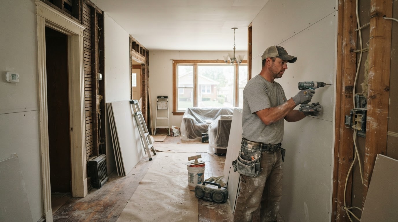 Drywall contractor working in a Skokie Illinois home