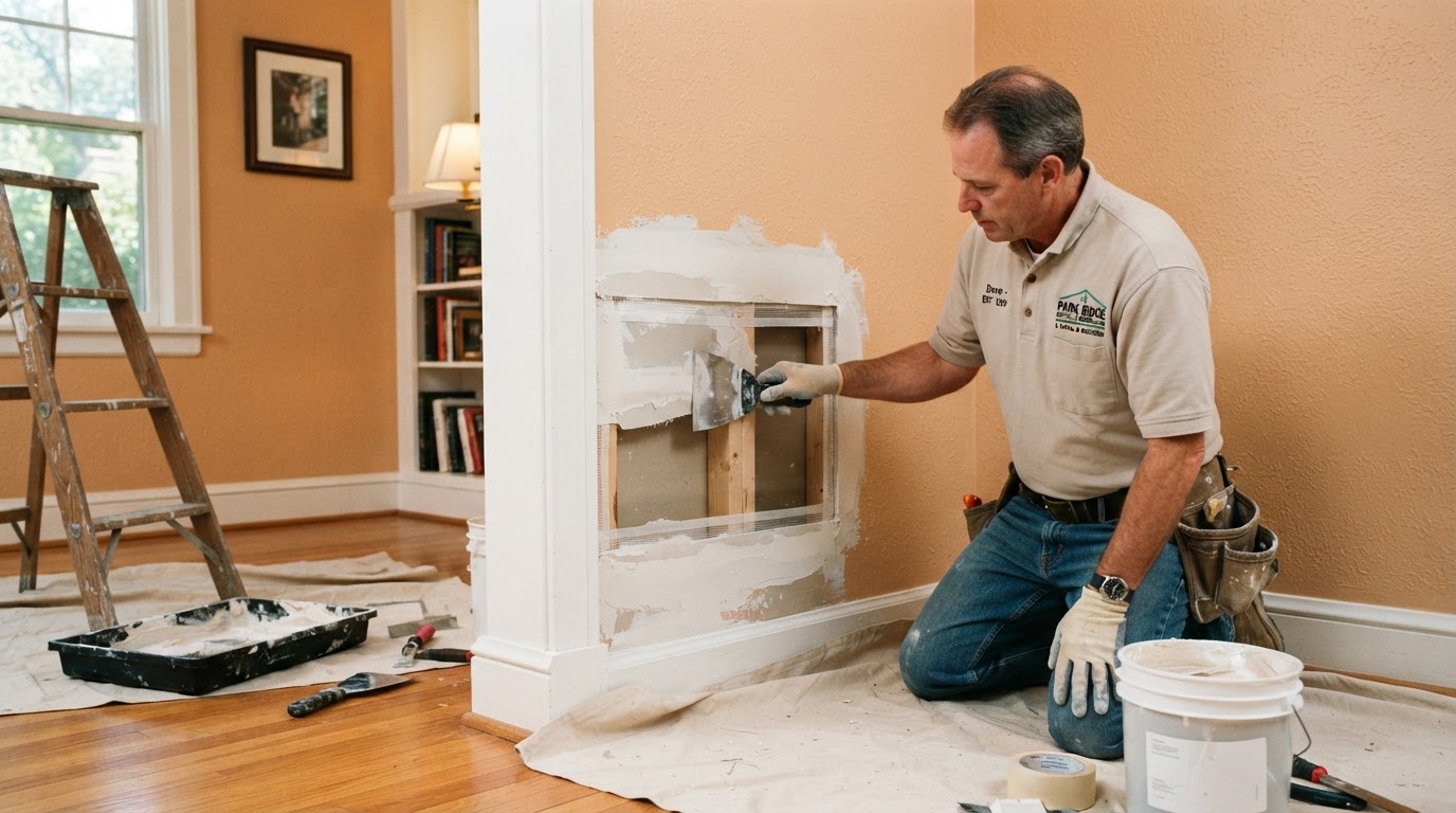 Drywall repair contractor fixing a wall in Park Ridge Illinois
