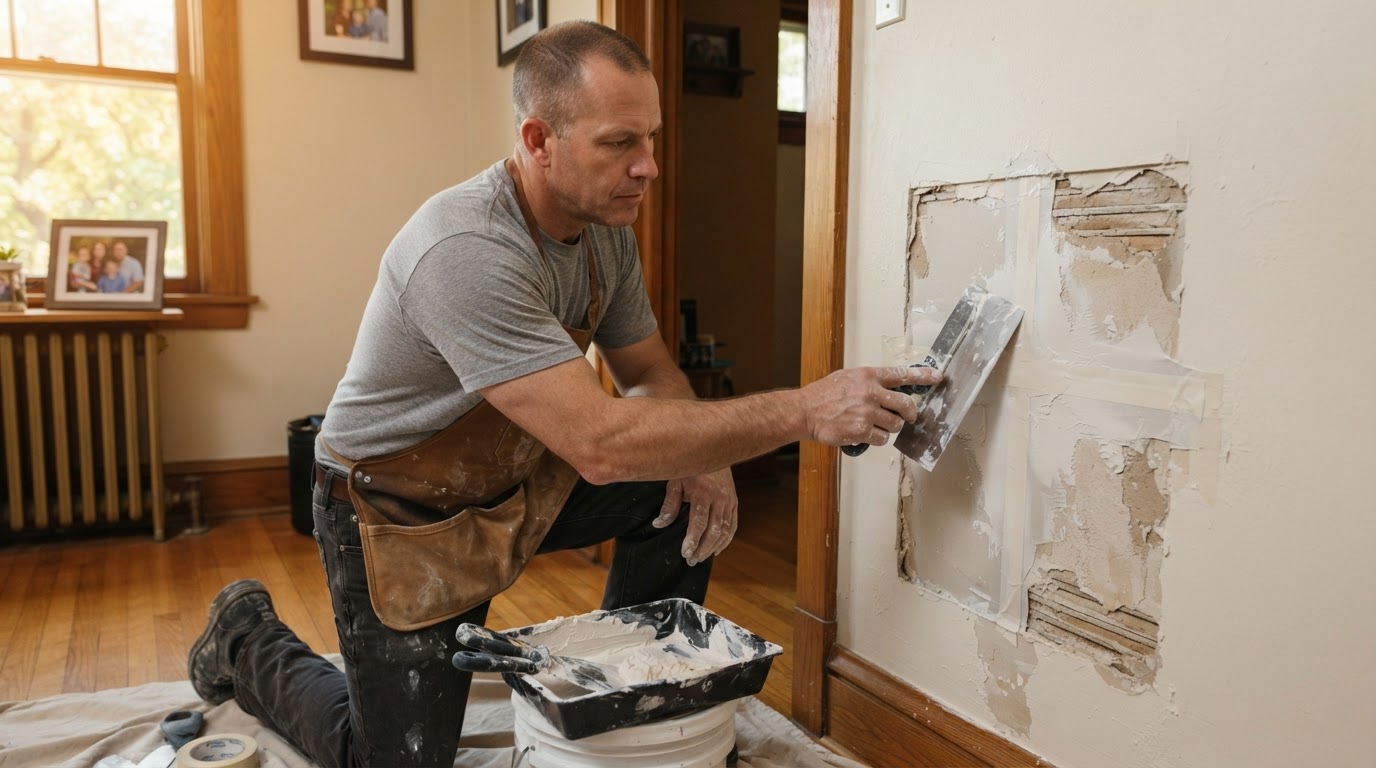 Drywall repair contractor fixing a wall in Morton Grove Illinois