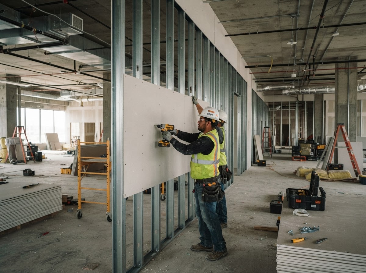 Commercial drywall installation for an office or retail interior in Niles