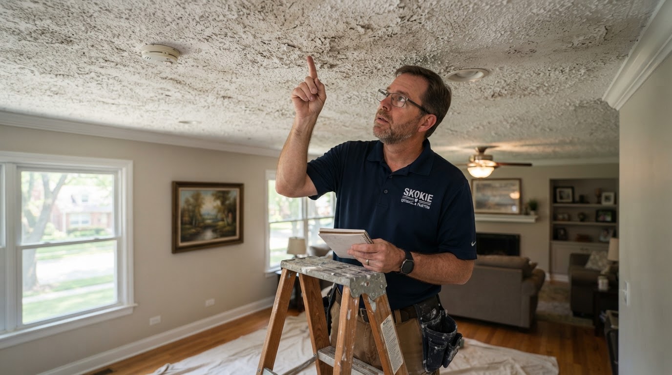 Popcorn ceiling removal evaluation in a Skokie Illinois home
