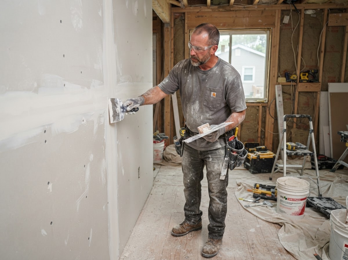 Drywall finishing contractor applying joint compound in Des Plaines Illinois