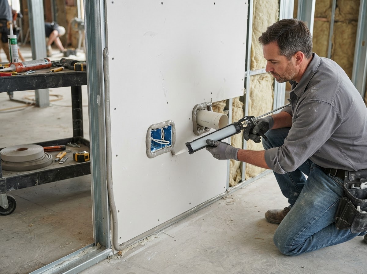 Sound-control drywall assembly sealed around wall penetrations
