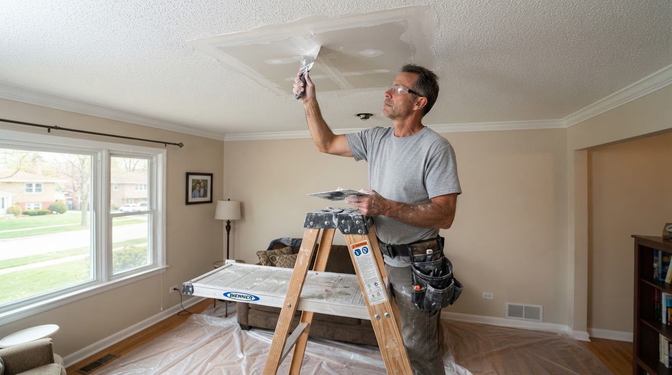 Ceiling drywall repair contractor working in Morton Grove Illinois