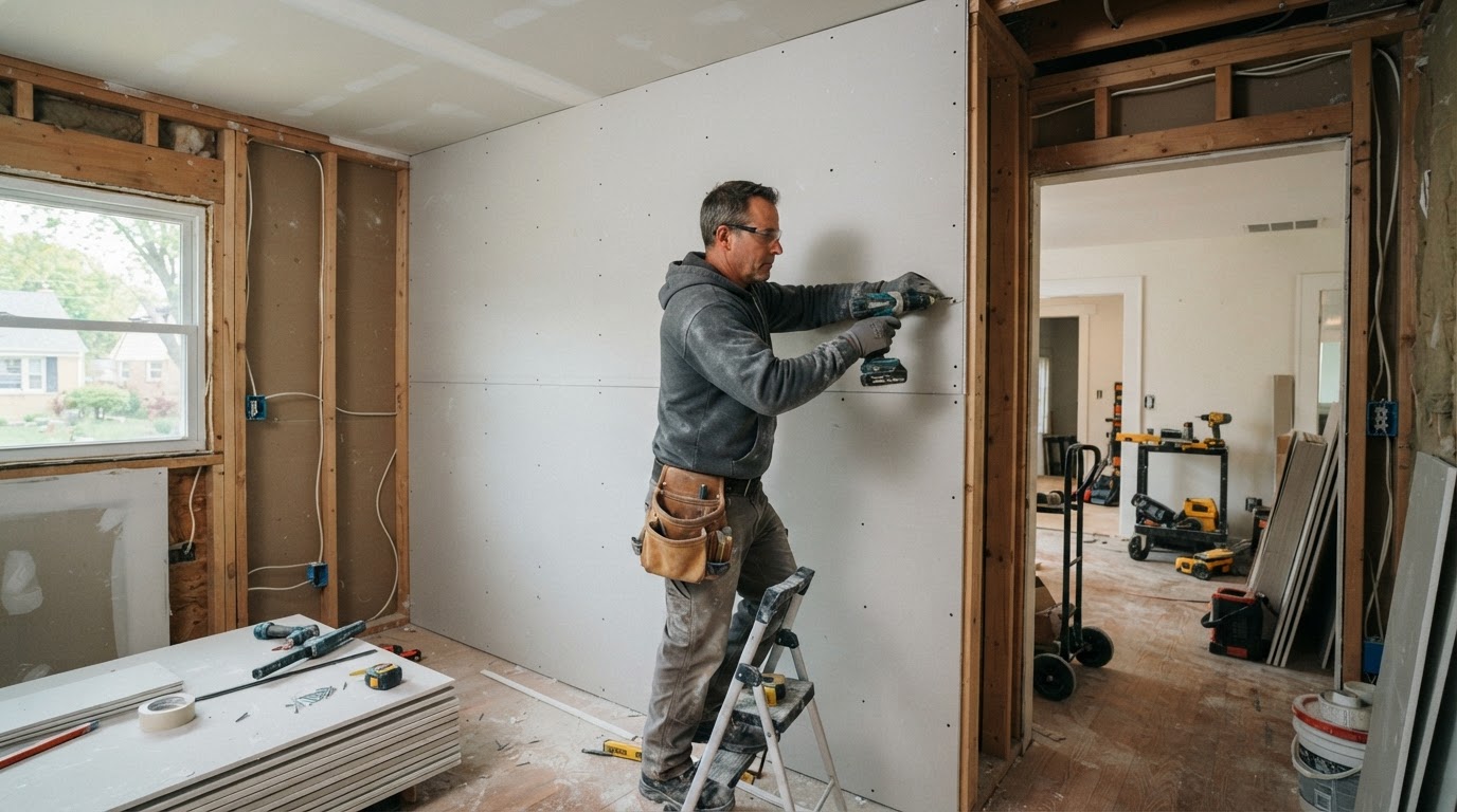 Drywall installation contractor working in a Glenview Illinois remodel