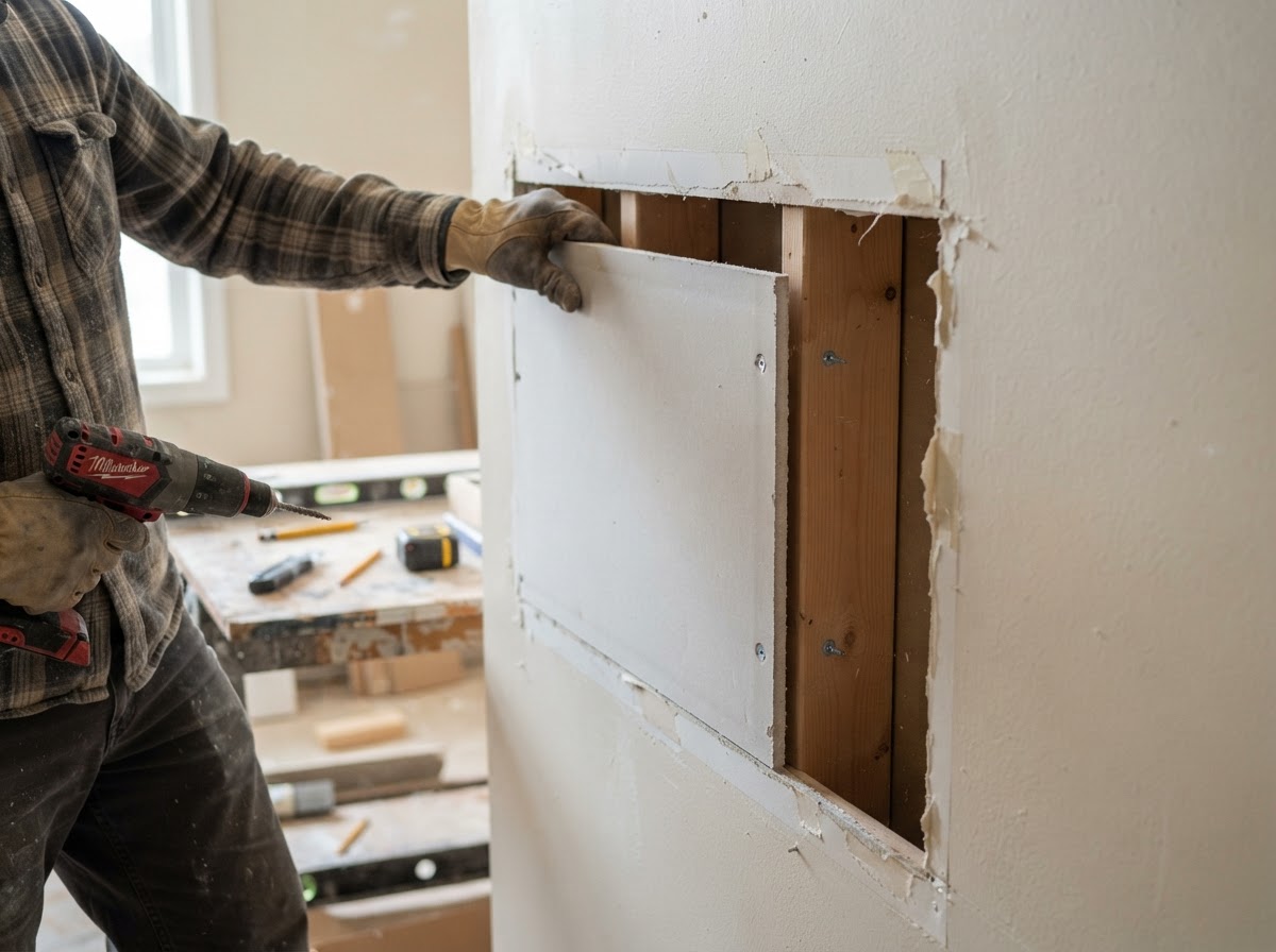 Replacement drywall installed after moisture damage