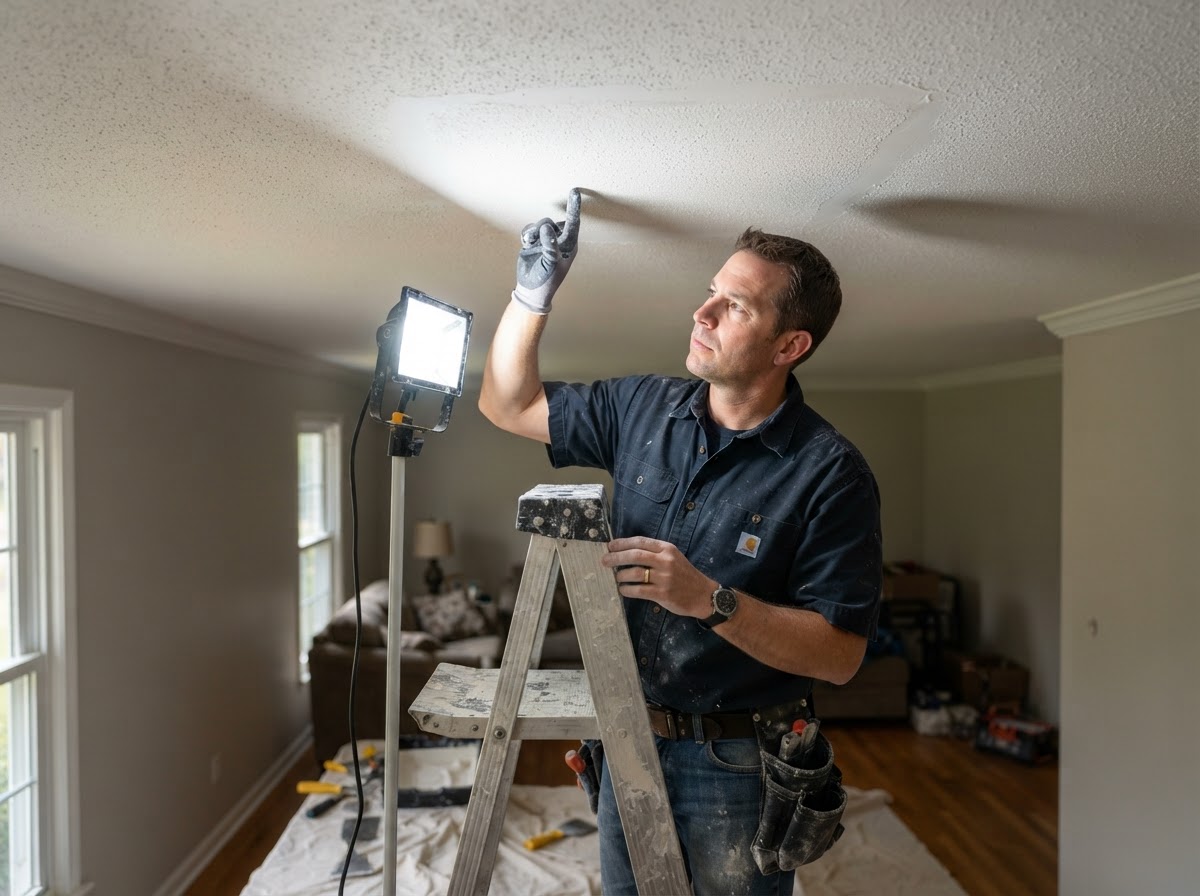 Ceiling drywall texture match checked under interior lighting