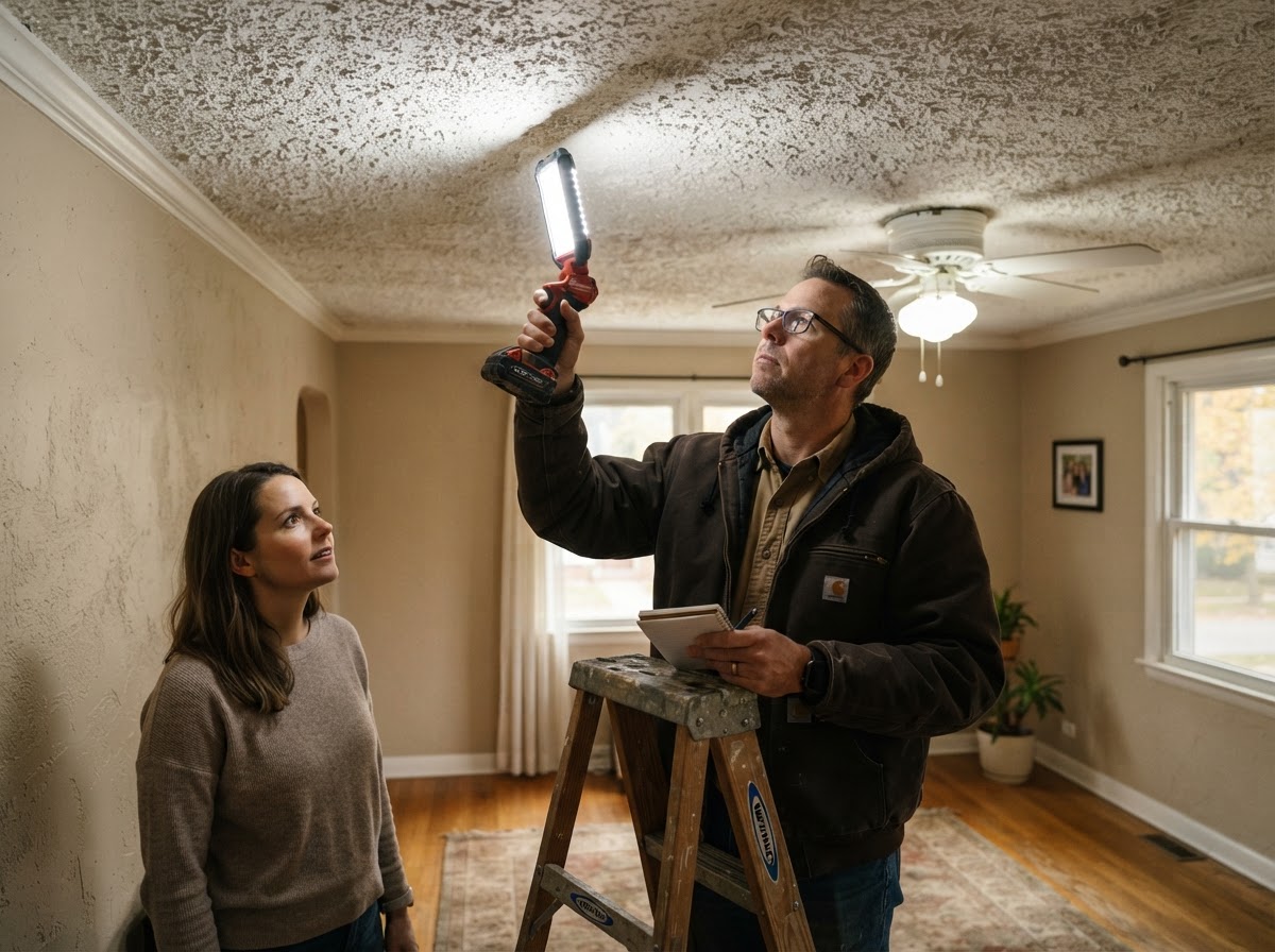 Acoustic ceiling surface evaluated for refinishing in Morton Grove IL