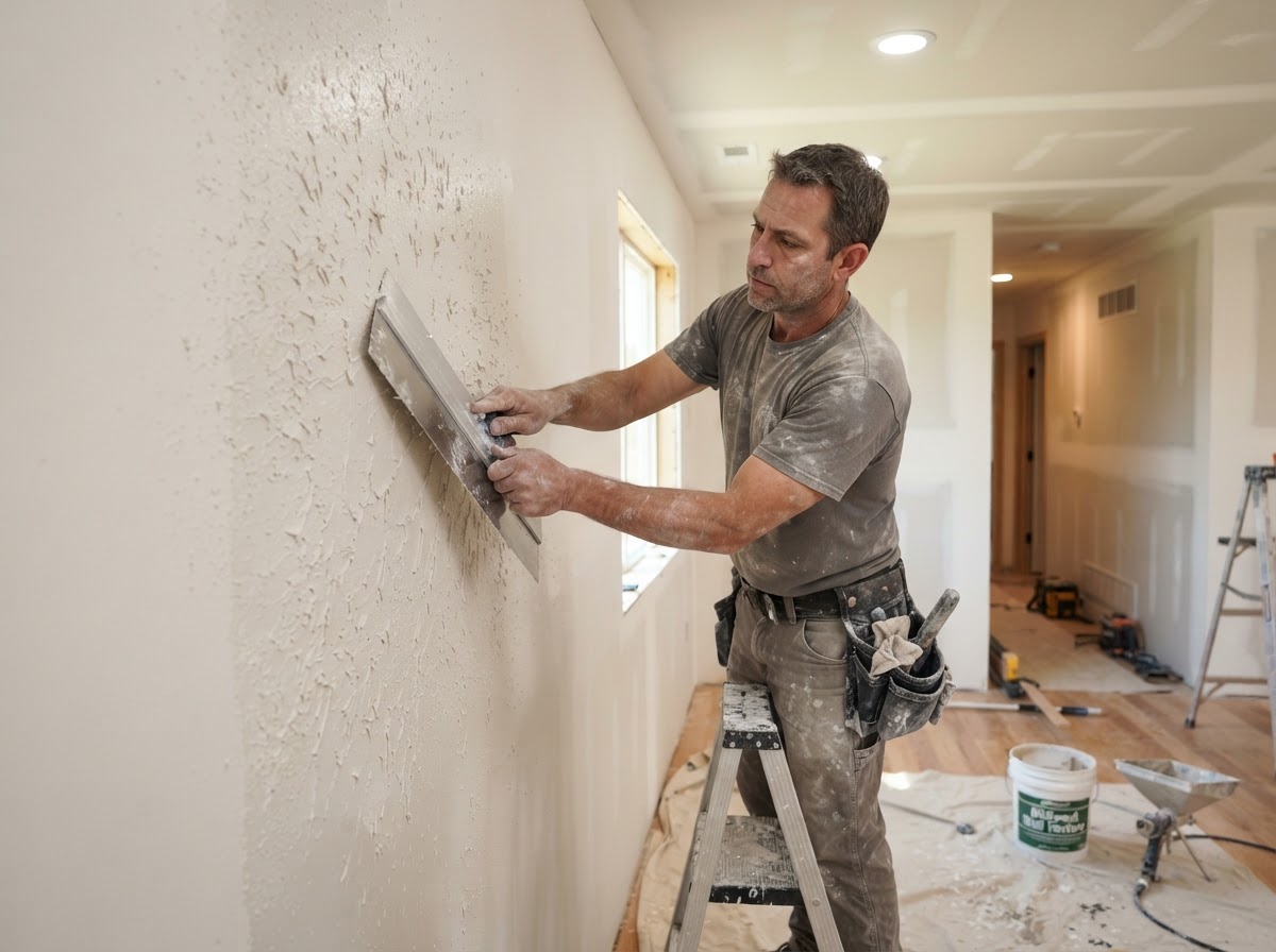 Knockdown drywall texture applied to an interior surface