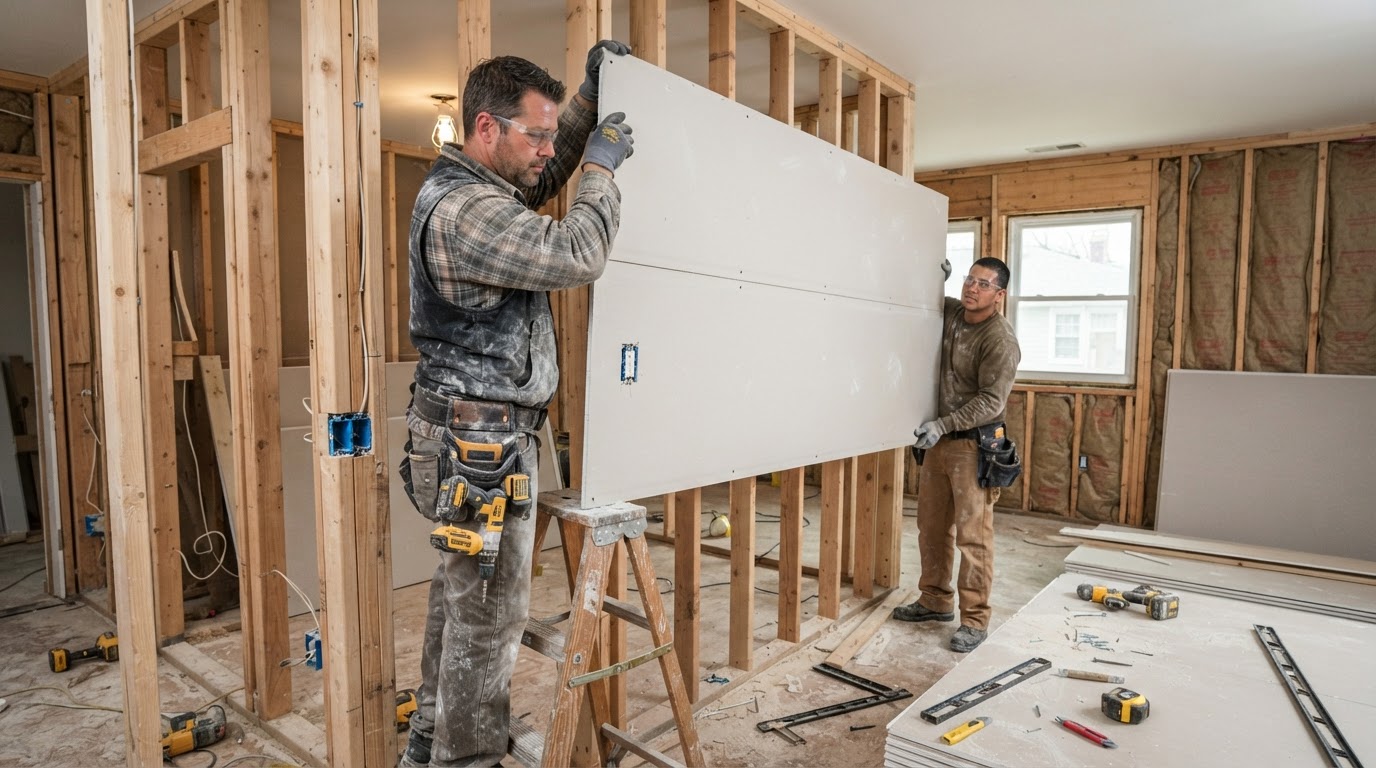 Drywall installation contractor hanging gypsum board in Skokie Illinois