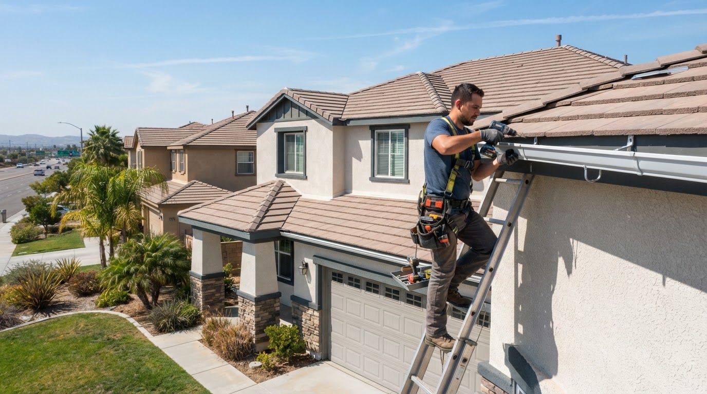 Gutter installation on a newer Eastvale California home