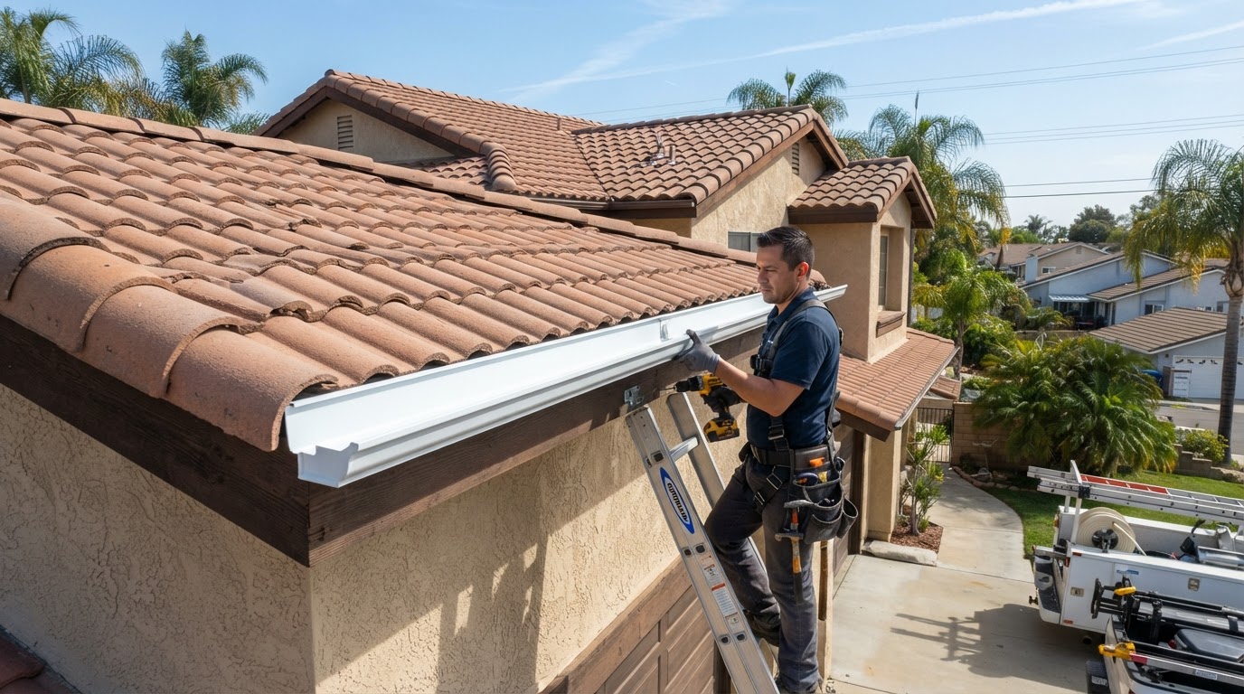 Seamless gutter installation on a Corona California home