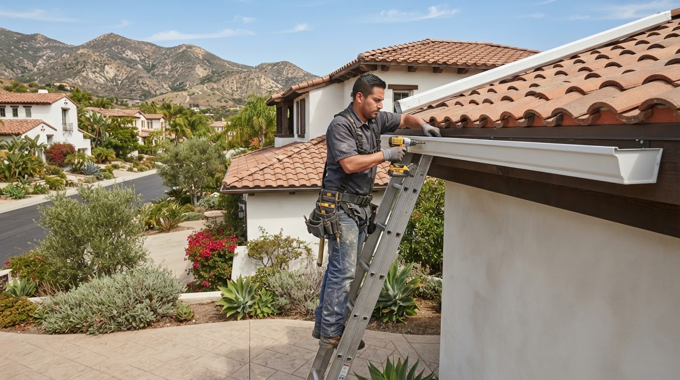 Gutter installation on a tile-roof home in Temescal Valley California