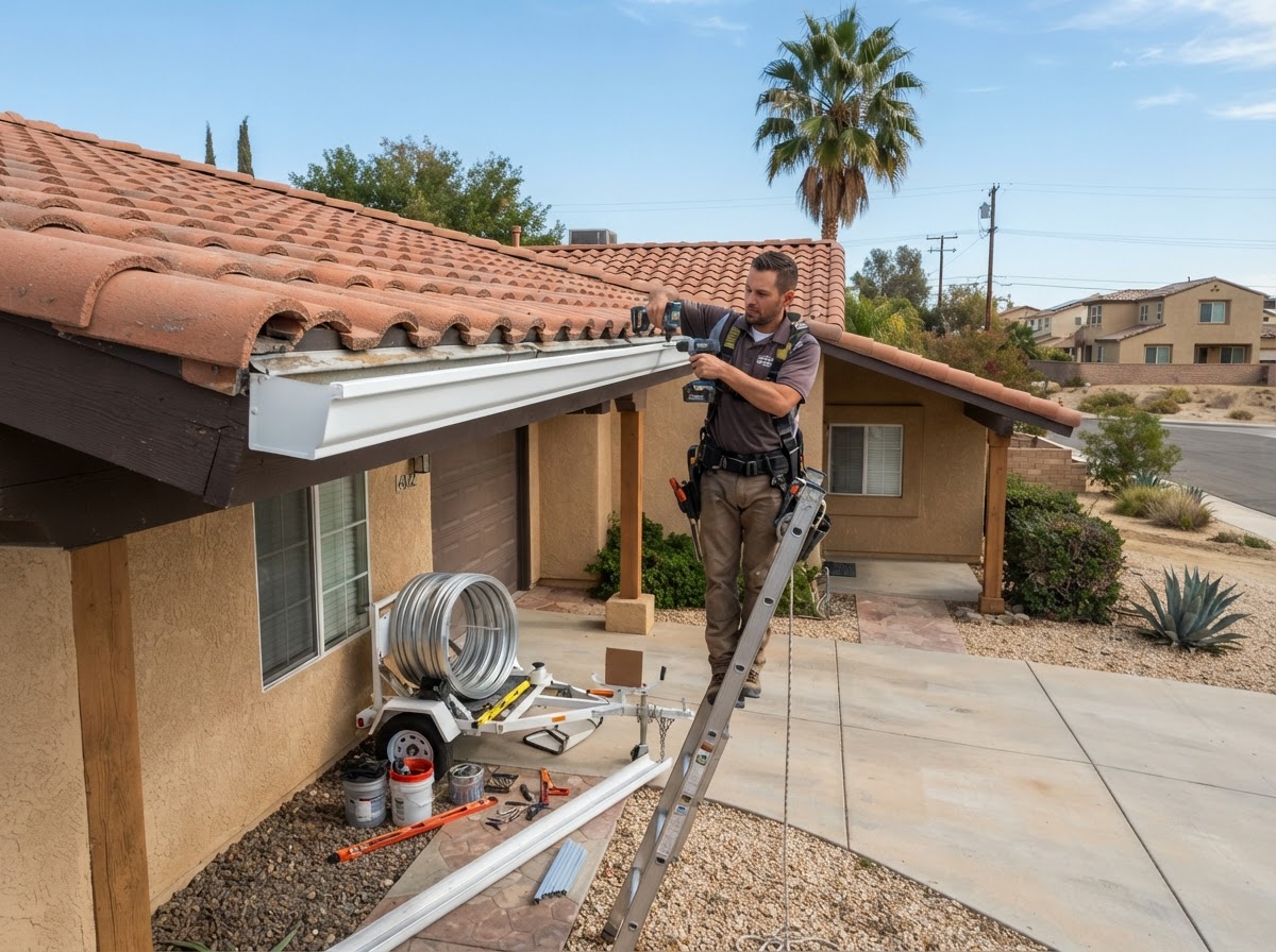 Seamless gutter replacement on a Perris California home