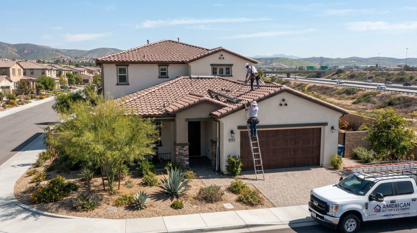 Gutter installation on a Perris California suburban home